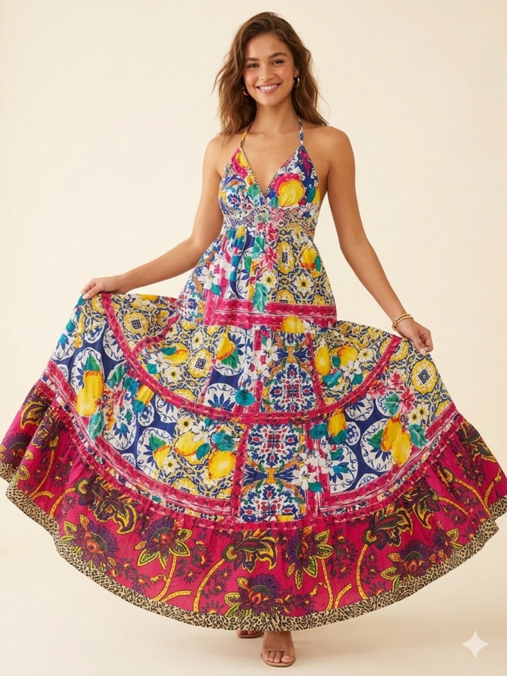 NWT Antica Sartoria by Giacomo Cinque | Flamingo Print Beaded Boho Dress OS
